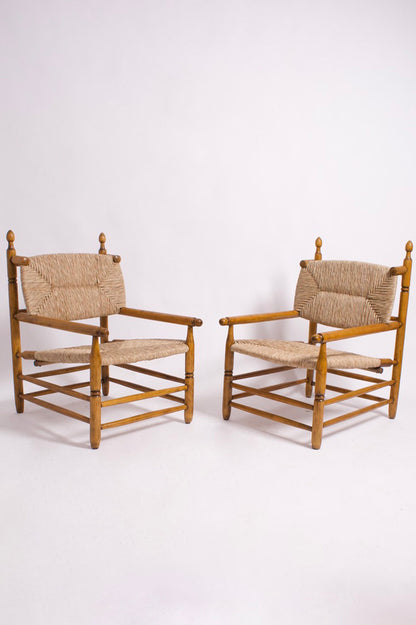 Pair of turned wood and straw armchairs, 1950s.