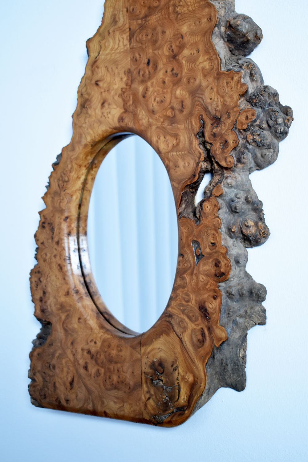 Medium brutalist burl mirror, 1970s.