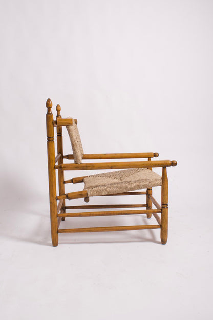 Pair of turned wood and straw armchairs, 1950s.