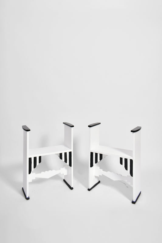 Pair of  Modernist white wooden painted stools. Portugal, 1930s