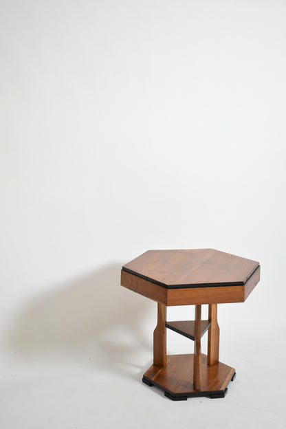 Hexagonal Amsterdam school pedestal table, 1920s.