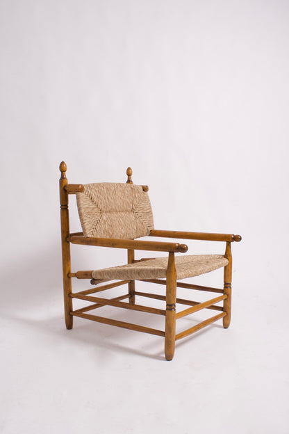 Pair of turned wood and straw armchairs, 1950s.