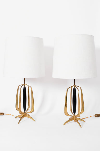 Pair of brass and ebonised wood lamps, 1960s.