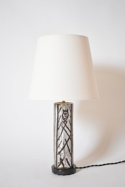 Glazed ceramic cylinder lamp with an incised pattern, 1950s.