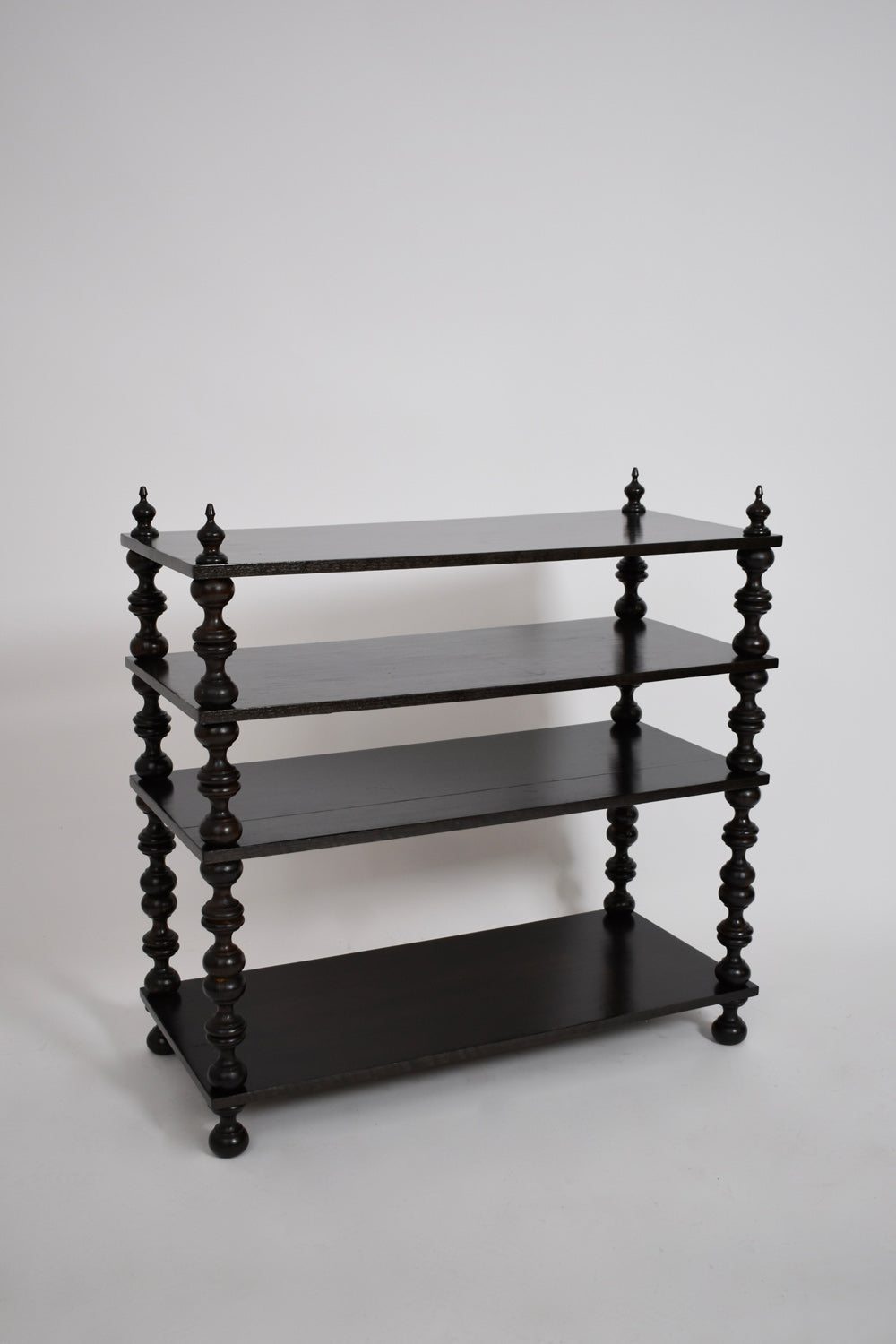 Ebonised turned wood bookshelves console, 1950s.