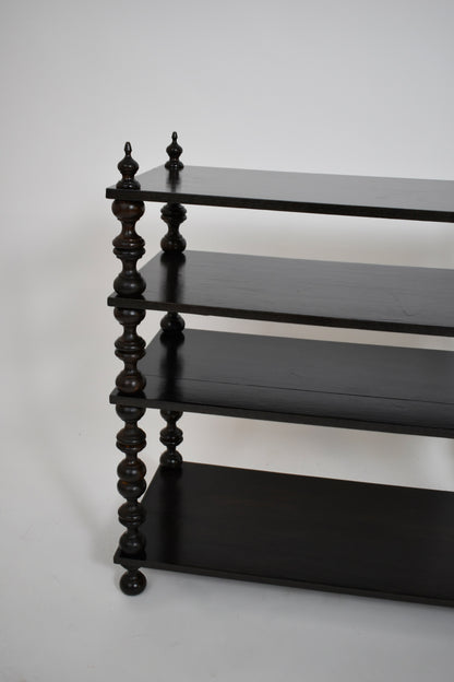 Ebonised turned wood bookshelves console, 1950s.