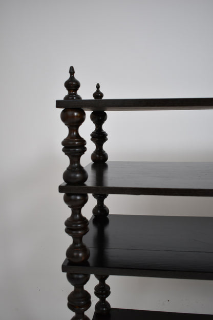 Ebonised turned wood bookshelves console, 1950s.