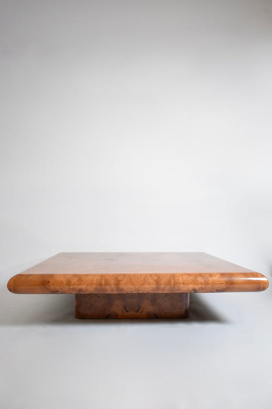 Large square burr walnut coffee table, 1970s.