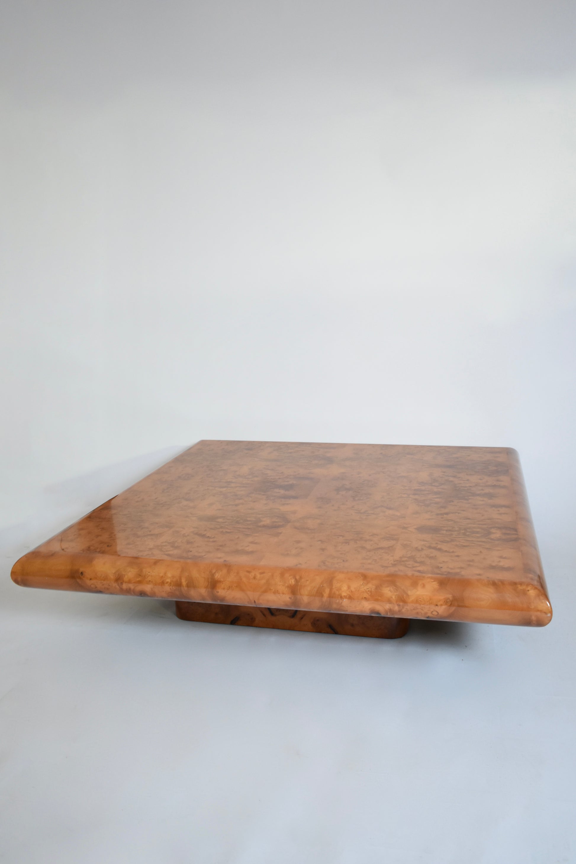 Large square burr walnut coffee table, 1970s.