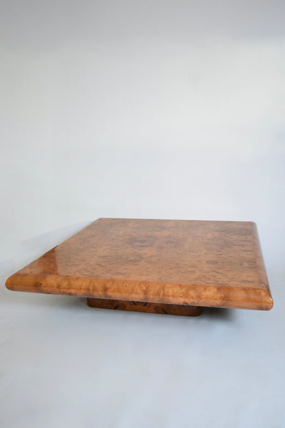 Large square burr walnut coffee table, 1970s.