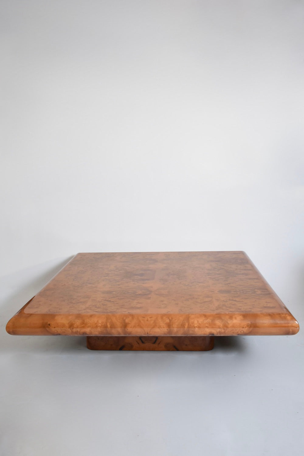 Large square burr walnut coffee table, 1970s.