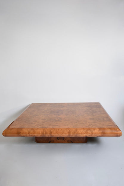 Large square burr walnut coffee table, 1970s.