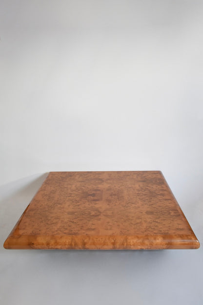 Large square burr walnut coffee table, 1970s.