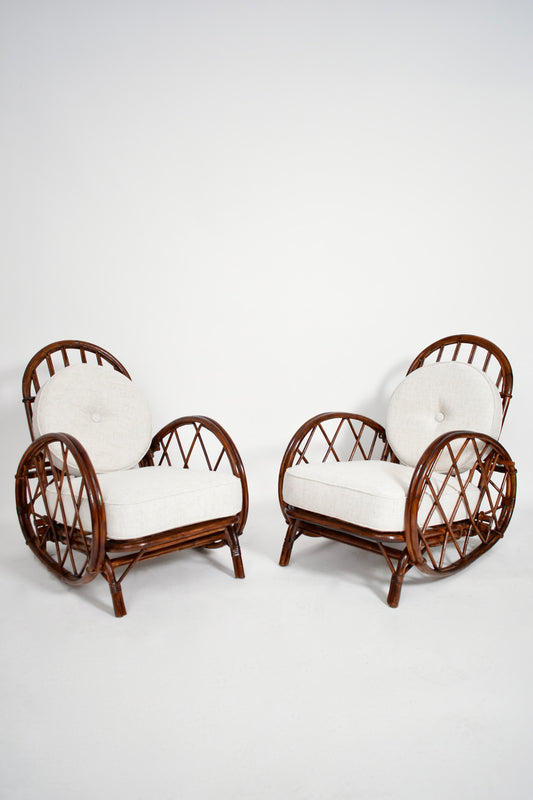 Pair of Audoux Minnet rattan armchairs, 1950s.