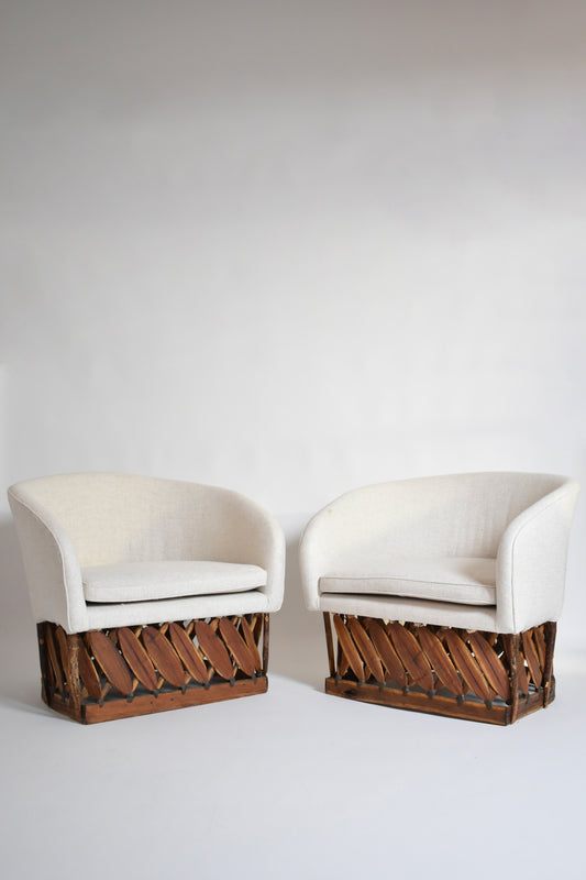Pair of large wood and fabric mexican armchairs, 1970s.