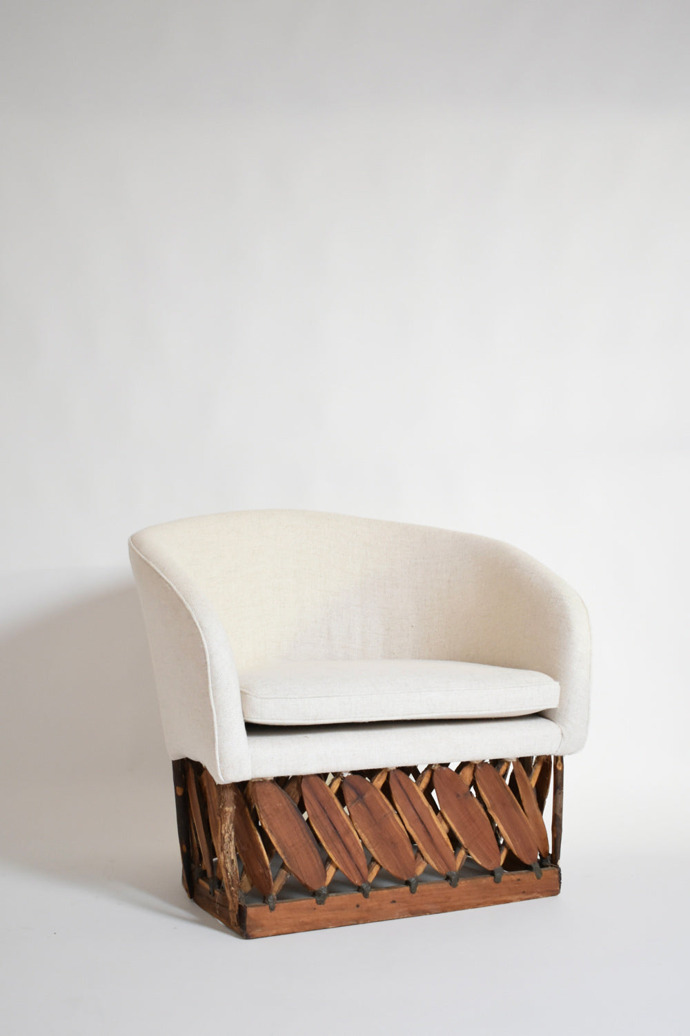 Pair of large wood and fabric mexican armchairs, 1970s.