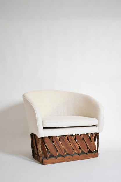 Pair of large wood and fabric mexican armchairs, 1970s.