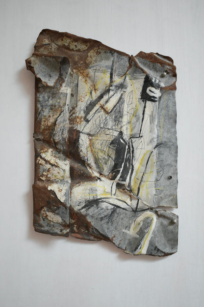 Mixed media artwork painting on metal, by Gen, 1980s.
