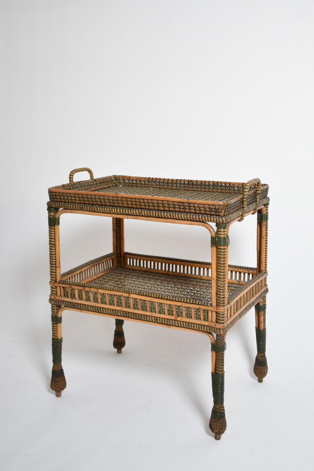 Green and natural rattan side table, 1920s.