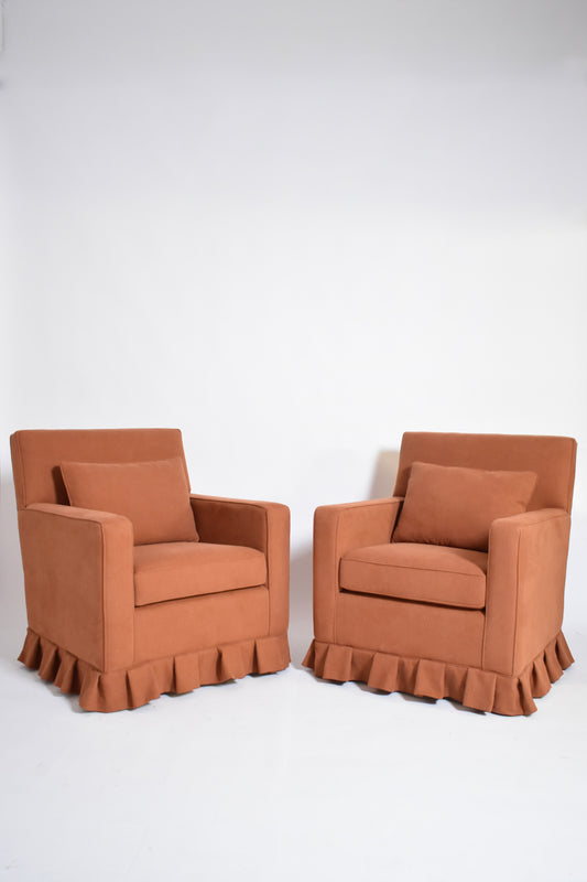 Pair of terracotta fabric armchairs, 1960s.