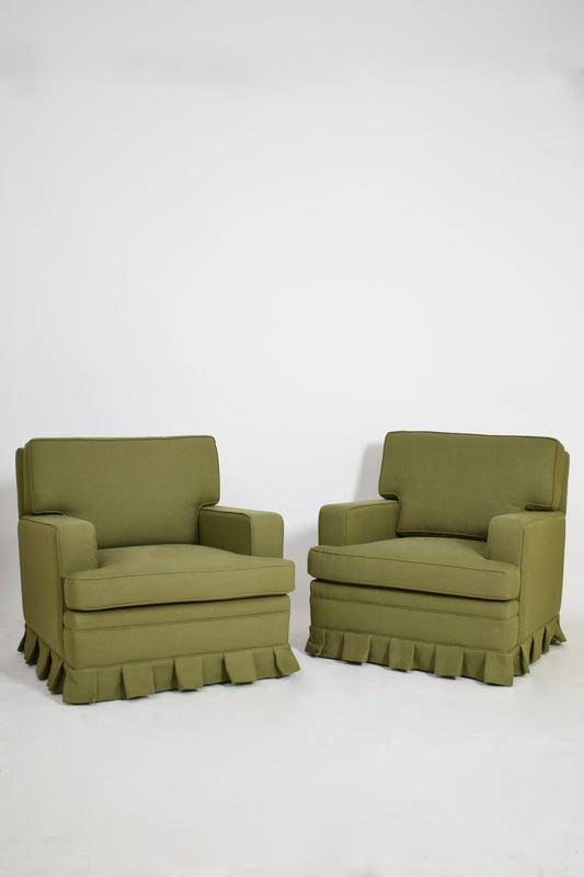 Pair of Madeleine Castaing style green fabric armchairs, 1960s.