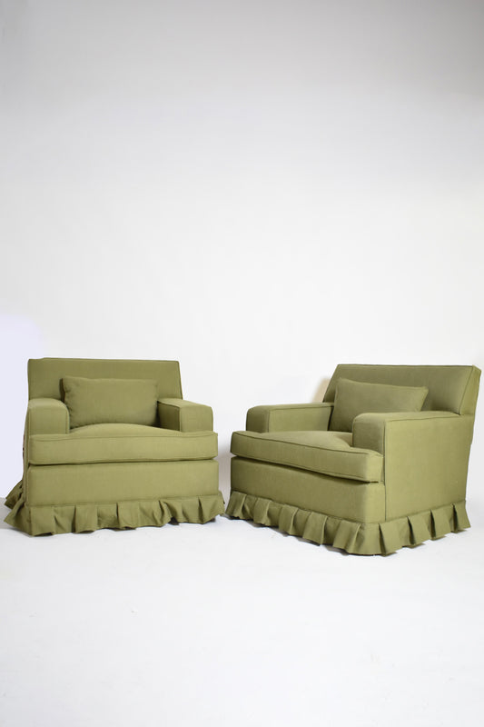 Pair of green fabric armchairs fringe, 1960s.