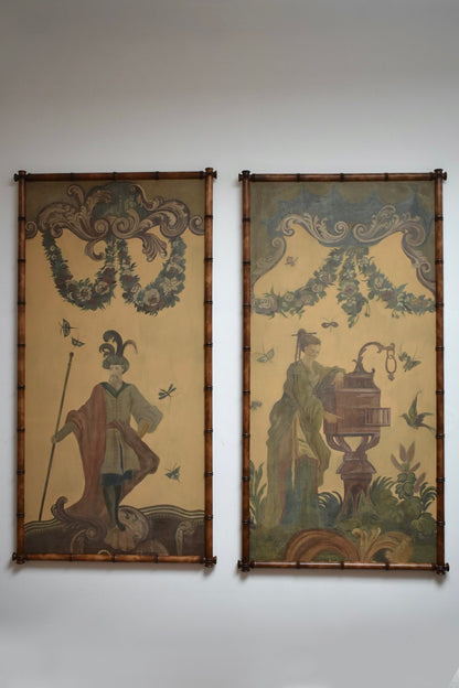 Pair of chinese style theatre decor portraits, 1920s.