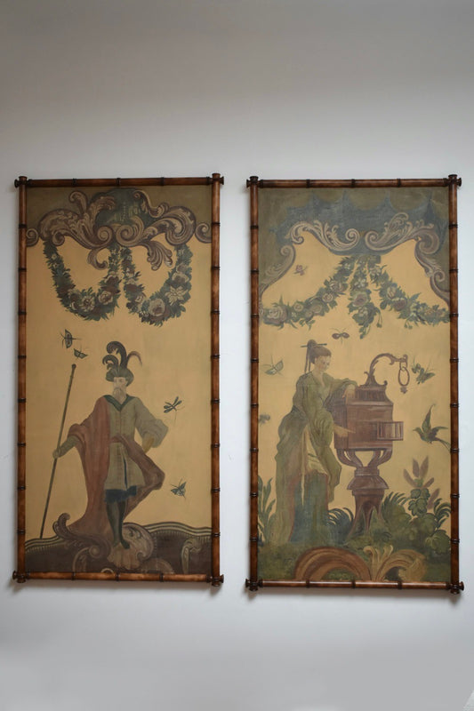 Pair of chinese style theatre decor portraits, 1920s.
