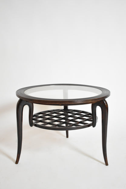 Paolo Buffa style tripod round coffee table, 1940s.