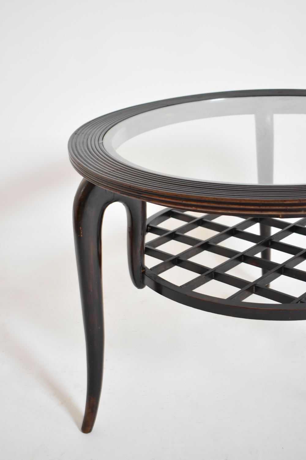 Paolo Buffa style tripod round coffee table, 1940s.