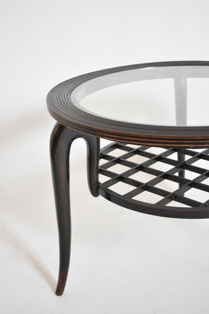 Paolo Buffa style tripod round coffee table, 1940s.