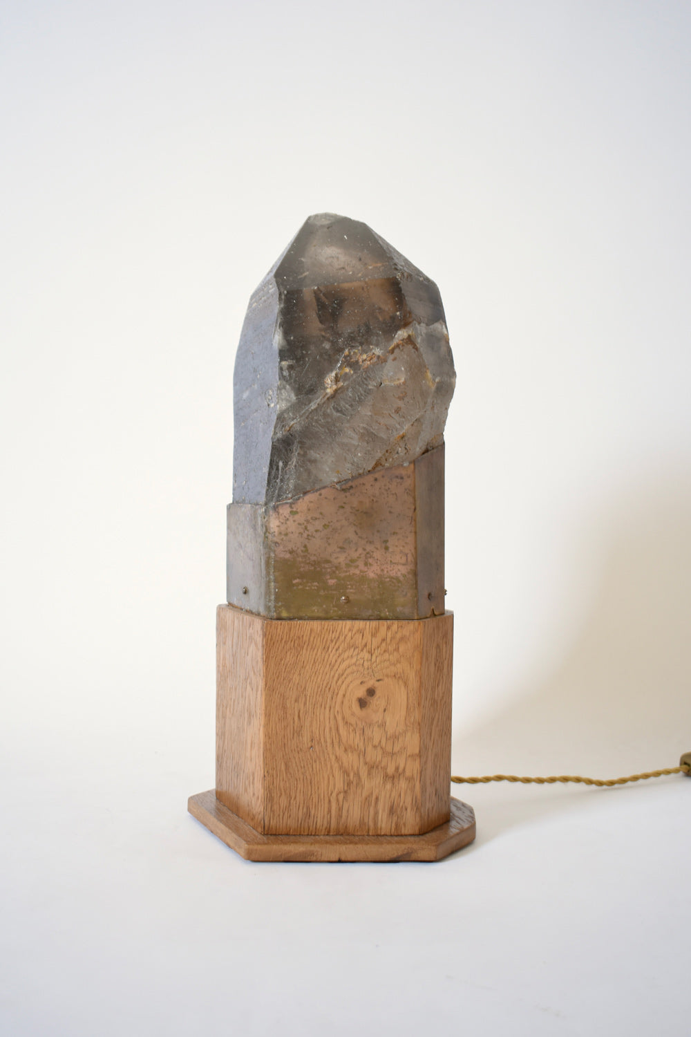 Quartz oak and brass table lamp, 1970s.