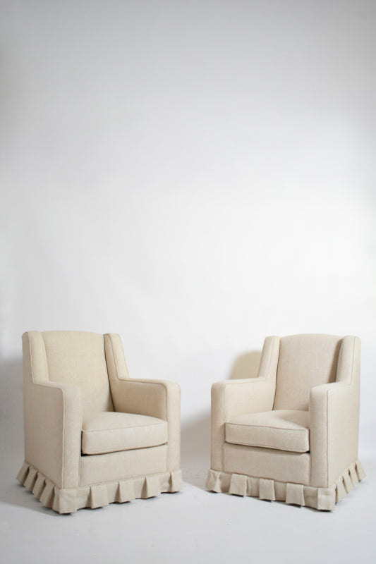 Pair of off white fringe armchairs, 1940s.