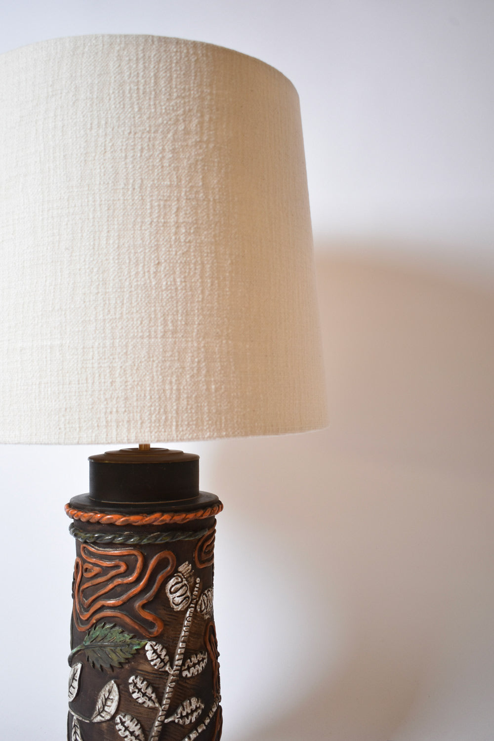 Cylindrical foliage pattern ceramic lamp, 1960s.
