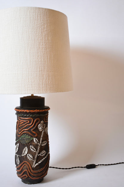 Cylindrical foliage pattern ceramic lamp, 1960s.