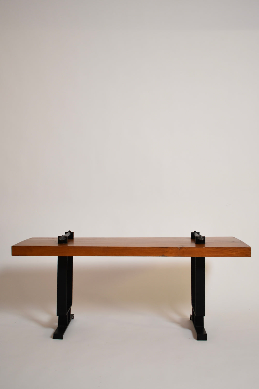 Wrought iron and natural wood coffee table or bench, 1950s