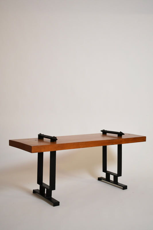 Wrought iron and natural wood coffee table or bench, 1950s