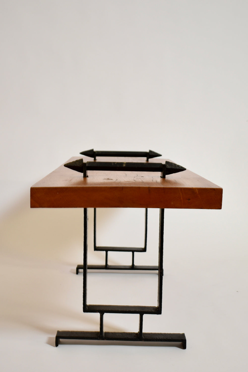 Wrought iron and natural wood coffee table or bench, 1950s