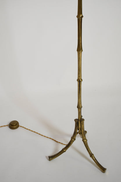 Jansen tripod faux bamboo solid brass floor lamp, 1960s.