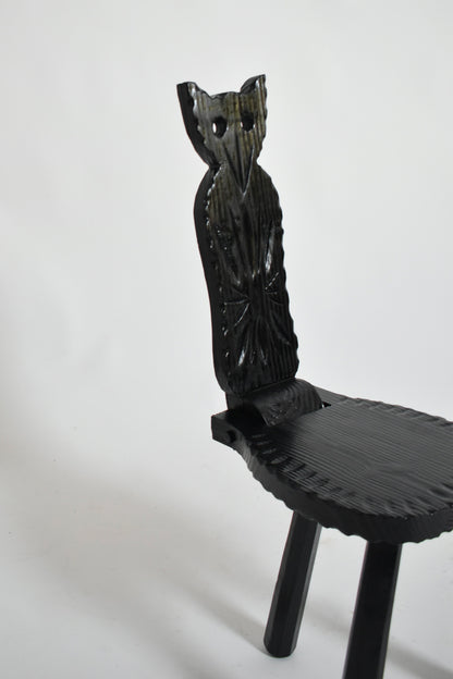 Pair of brutalist ebonised wood owl chairs, 1960s.