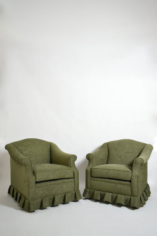 Pair of green fabric fringe armchairs, 1940s.