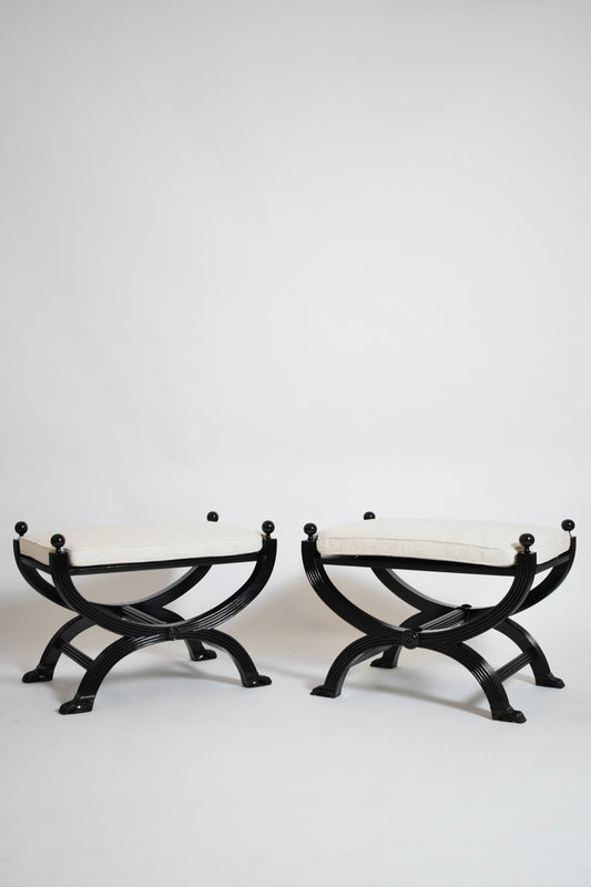 Pair of lion paws feet neocclassical curule stools, 1960s.