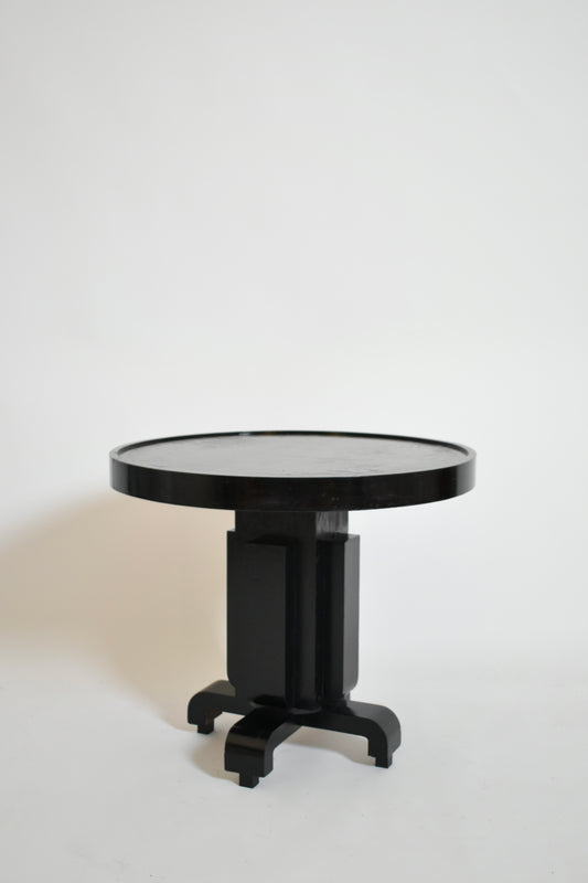 Round ebonised art deco geometric side table, 1930s.