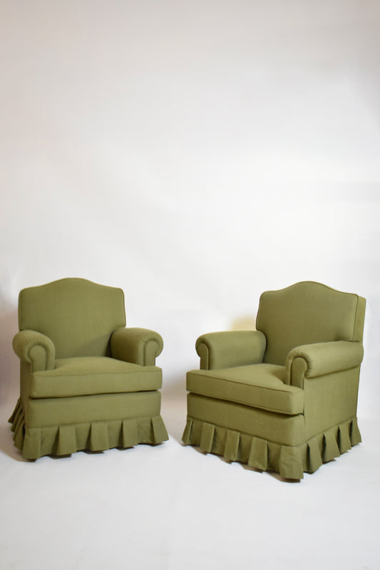 Pair of green fabric moustache back armchairs, 1960s.