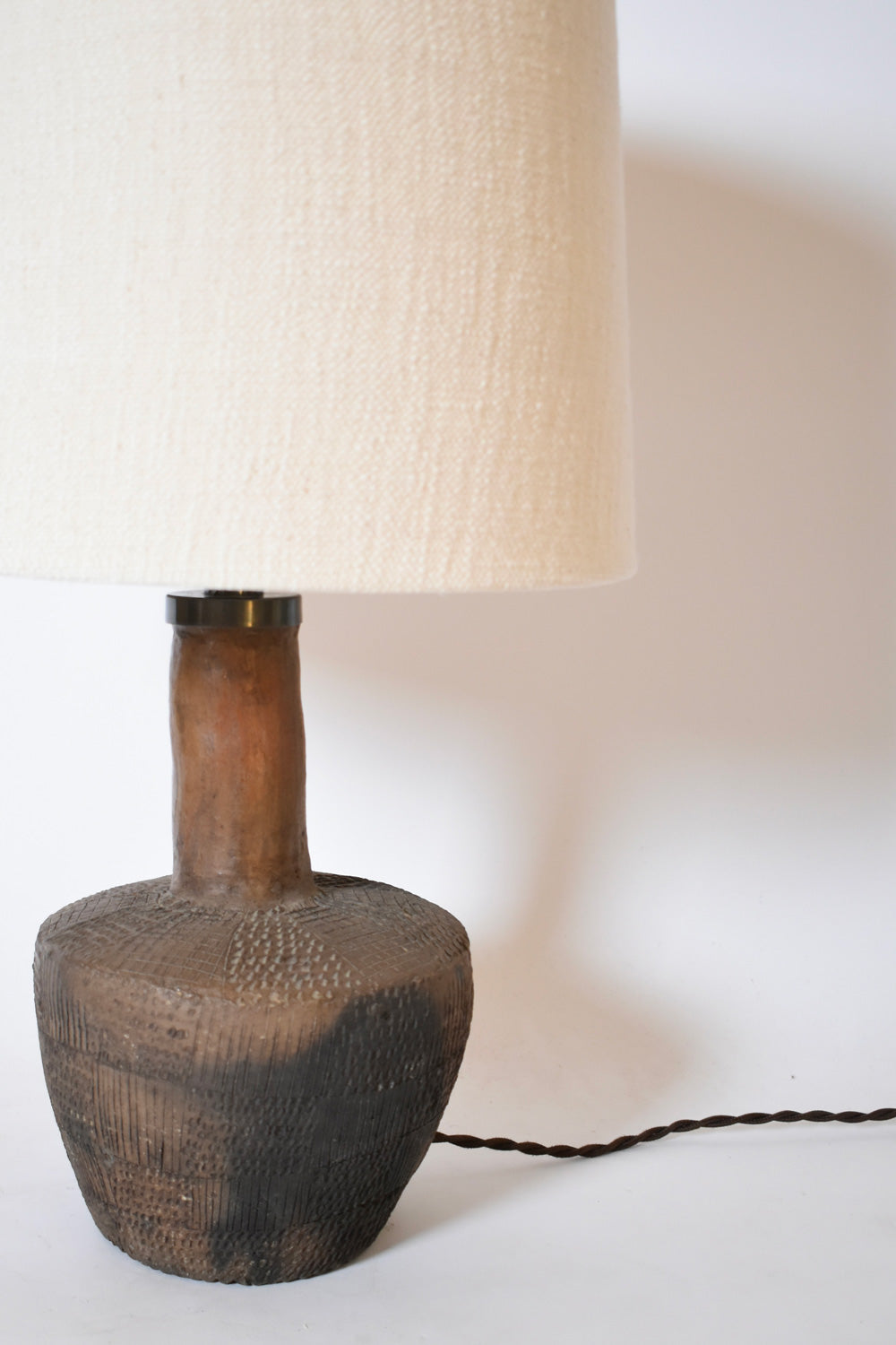 Geometric pattern african brown ceramic lamp, 1970s.