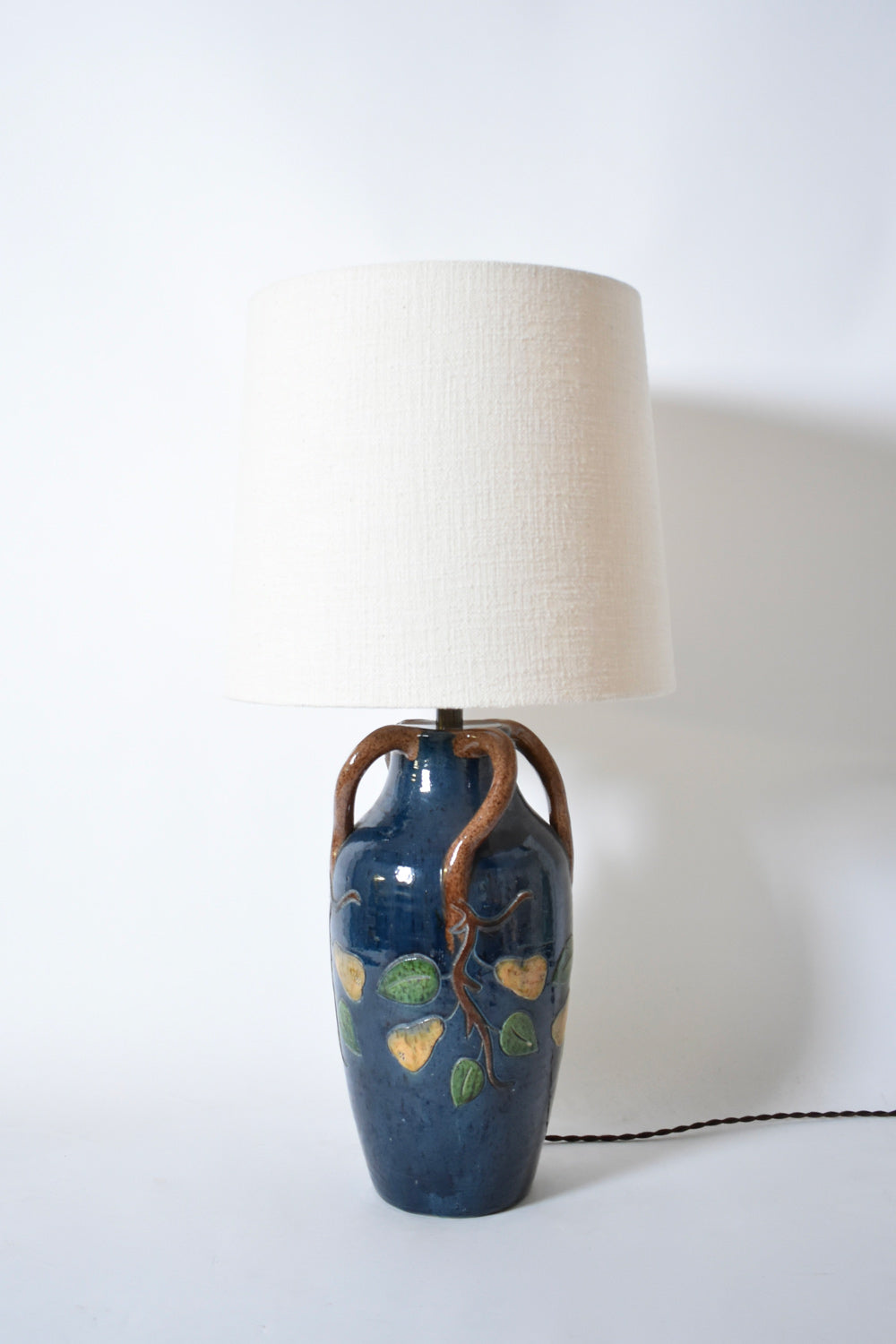 Blue ceramic lamp with leaves and pears pattern, 1920s