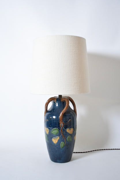 Blue ceramic lamp with leaves and pears pattern, 1920s