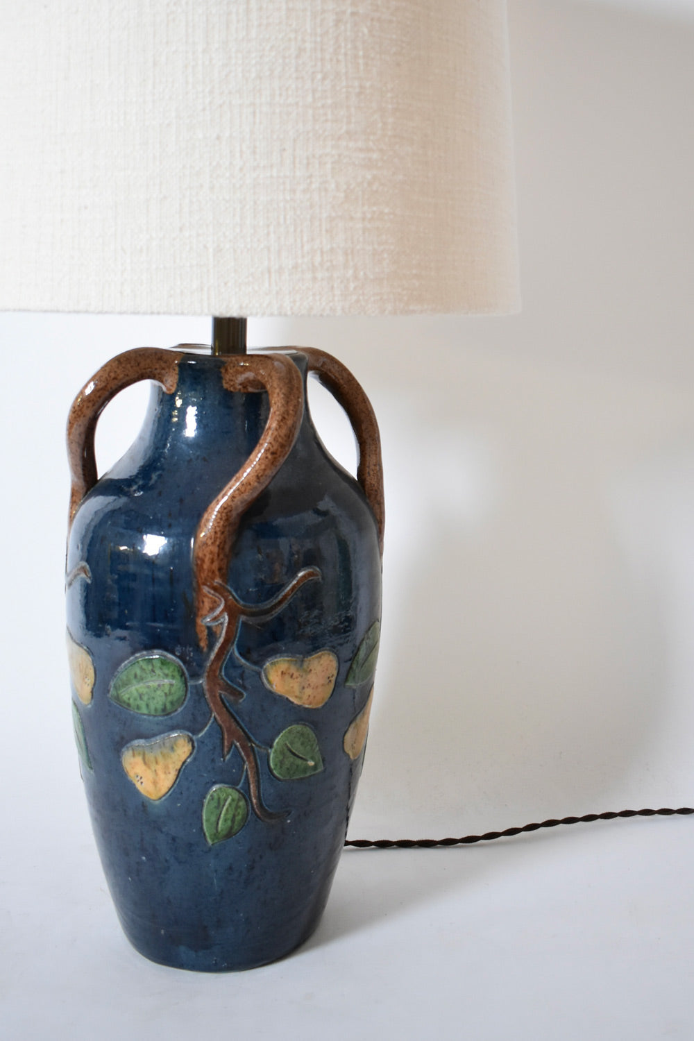 Blue ceramic lamp with leaves and pears pattern, 1920s