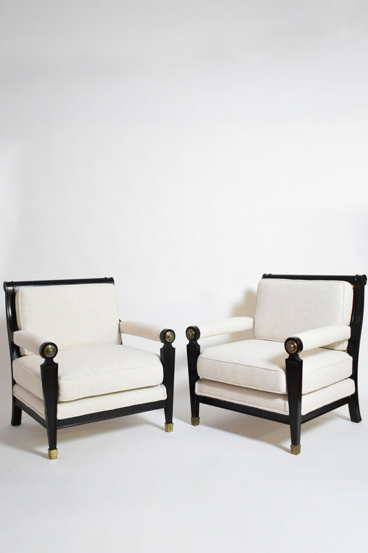Pair of neoclassical ebonised wood and caning armchairs, 1960s.