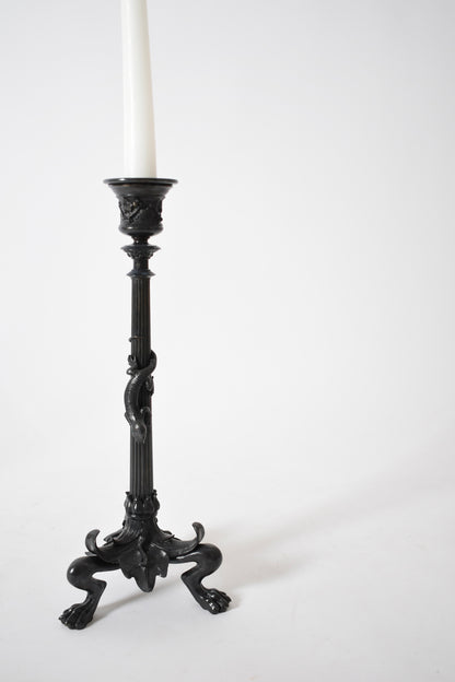 Set of four tripod zoomorphic bronze candleholders, XIXth c.